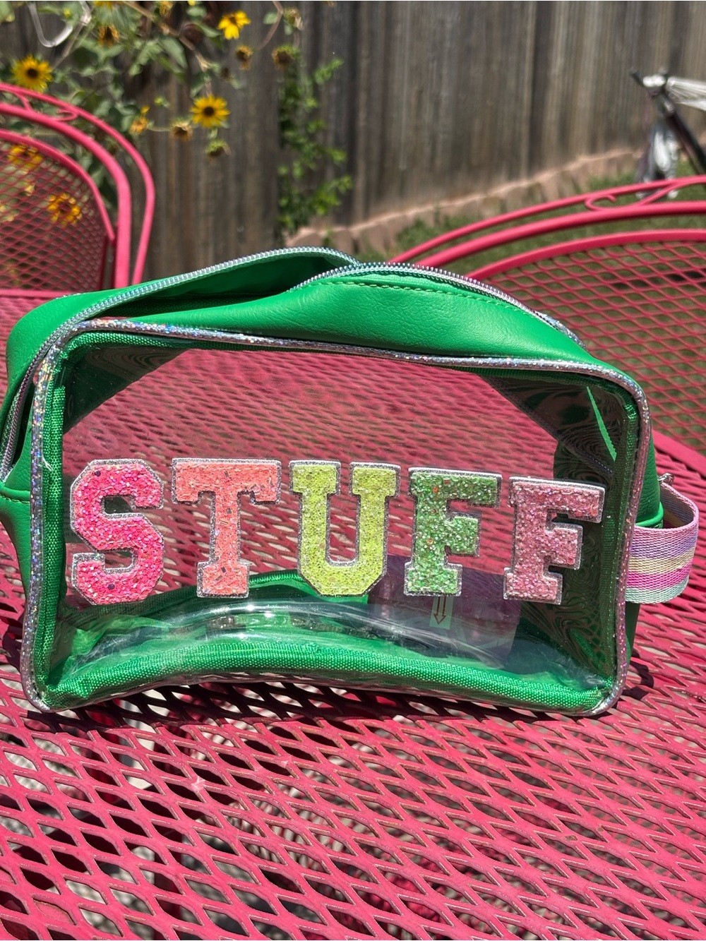 Green Clear Cosmetic Bag with 'STUFF' Glitter Monogram Lettering